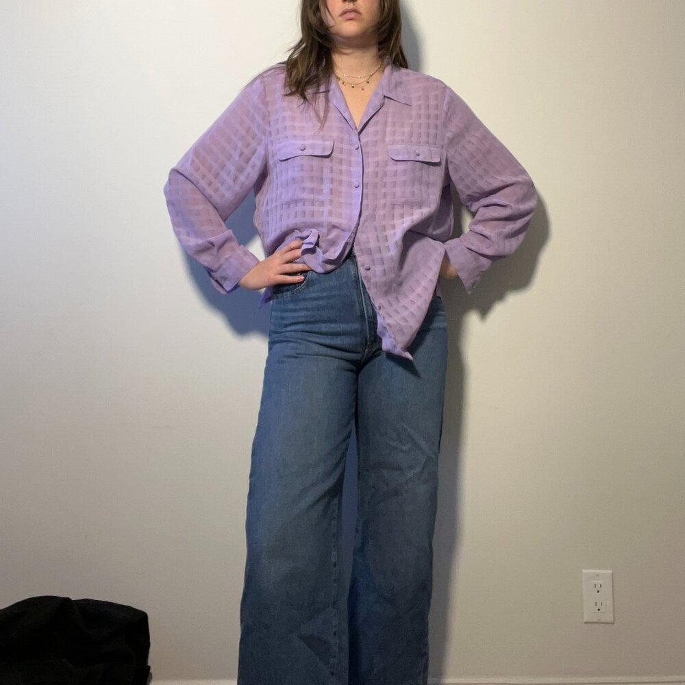 Liz Baker Purple Sheer Button-Down – Elegant & Flowy